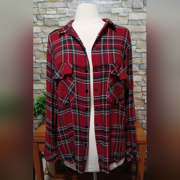 Sanctuary Red‎ Plaid Generation Boyfriend Snap Button Down Shirt Large Western - Picture 2 of 7
